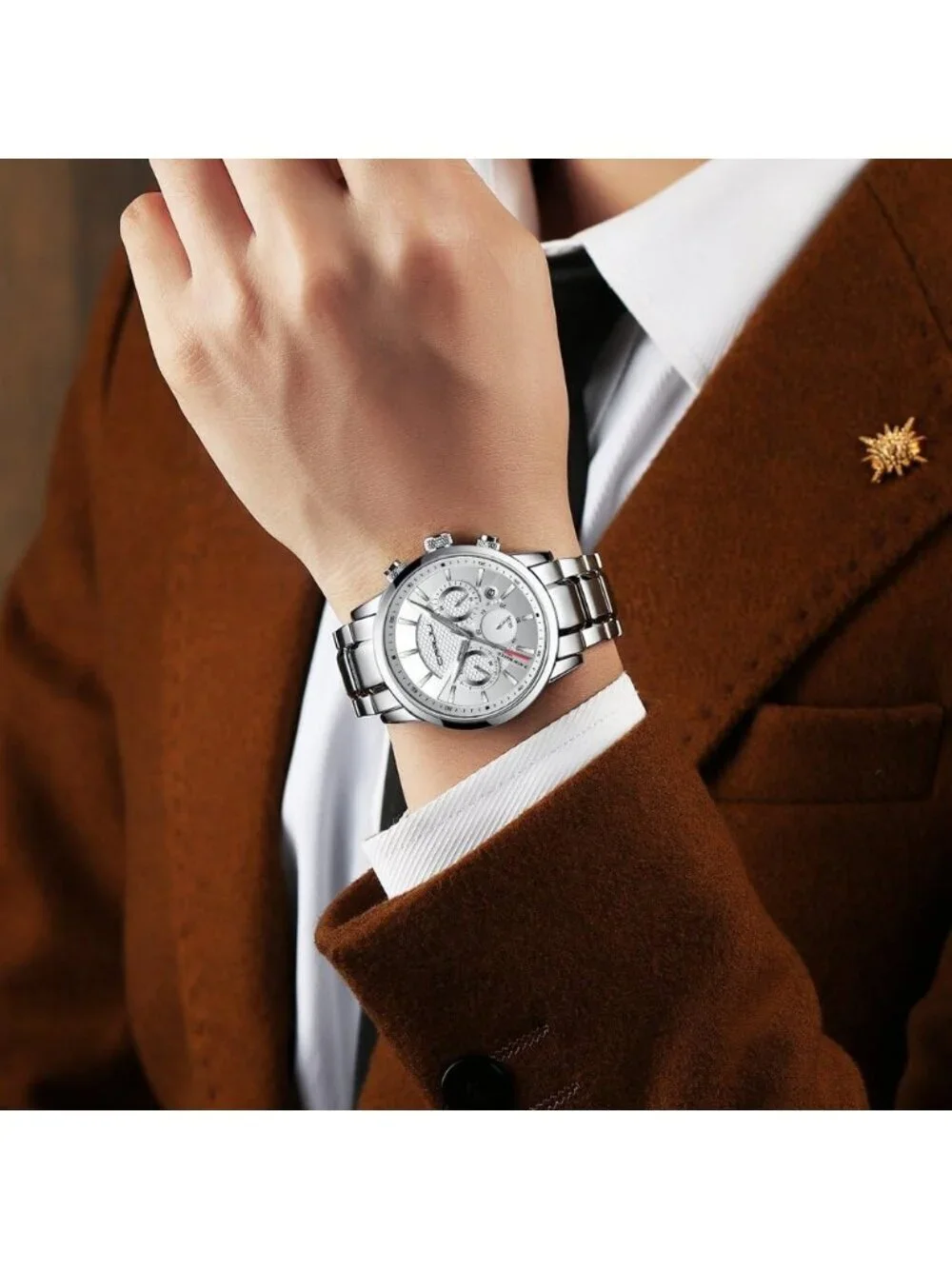 Men's Silver Stainless Steel Casual Chronograph Quartz Waterproof Wrist Watch